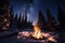 campfire crackling in snowy forest, with view of the night sky visible above