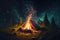 Campfire in the dark forest. Camping and Leisure hobbies activities concept. Generative AI