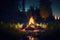 Campfire in the dark forest. Camping and Leisure hobbies activities concept. Generative AI