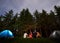 Campfire evening campfire against the backdrop of a powerful forest.