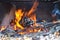 Campfire flame and embers of firewood on a picnic close up