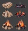 Campfire flame. Outdoor camping realistic collection with bonfire bright burning fire decent vector illustrations set