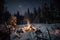 campfire glowing warmly in the midst of snowy forest, with a view of the starry sky