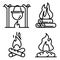 Campfire icons set, outline style