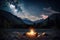 A campfire in the middle of a field with mountains in the background. AI generative image