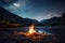 A campfire in the middle of a river with mountains in the background. AI generative image