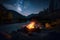 A campfire in the middle of a river at night. AI generative image