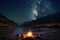 A campfire in the middle of a river under a night sky filled with stars. AI generative image