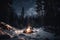 campfire in the middle of snowy forest, with view of starry night sky