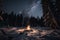 campfire in the middle of snowy forest, with view of starry night sky