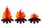 Campfire with orange flames in flat style, from brightly blazing to fading. Set of vector illustrations. Isolated background.