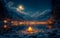 Campfire pictures camping winter. A campfire burns brightly in the serene darkness of a nighttime lake scene
