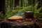 campfire with rice-filled pot, forest background