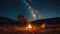 Campfire stories under a starry sky, faces illuminated by the warm glow of crackling flames