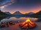 Campfire surround beauty of nature puddle and mountain in evening light