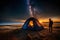 A campfire surrounded by hikers, with the warm glow illuminating their faces as they share stories under a starry night sky