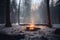 campfire surrounded by serene and peaceful winter forest, perfect setting for a scene in film or book