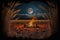 campfire under harvest moon, with view of the night sky