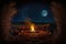 campfire under harvest moon, with view of the night sky