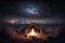 campfire under starry sky, with view of megapolis in the background