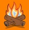 Campfire vector cartoon style illustration - Crossed logs and fire flames on an Orange background