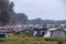 Campground in the green clearing, in the early morning.