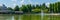 Campina, Romania - August 16, 2018: view of the cursed Bride`s Lake or the Church Lake showing green trees and water fountain sit