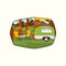 Camping Adventure badge design with mountains, and RV Trailers with table and beer bottles. Travel logo graphics. Stock