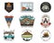 Camping adventure badges logos set, Vintage travel emblems. Hand drawn stickers designs bundle. Hiking road trip, rv