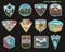Camping adventure sticker design bundle. Travel hand drawn patches. Mountain outdoor labels isolated collection. Stock