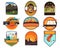 Camping Adventures badges big set designs with mountains, camper car. Travel logo graphics. Stock vector retro camp