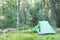 Camping area with multi-colored tents in forest.