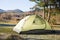 Camping area with multi-colored tents in forest.