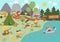 Camping background with cute children doing Summer activities. Vector woodland scene with hiking, fishing, rafting, singing kids.