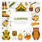 Camping Banner Template with Hiking Equipment, Summer Adventures, Mountaineering, Hiking, Trekking on Nature Vector