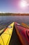 Camping on the beach.Kayak on the beach on a sunny day.