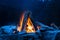 Camping bonfire with yellow and red flames in summer, forest. Copy space