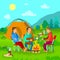 Camping, Campfire and Tent, Friends with Guitar