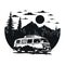 Camping car - retro van on mountains background.