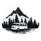 Camping car - retro van on mountains background.