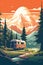 Camping caravan outdoor traveling vacation illustration. National park scene with RV traveler truck at evening. Forest