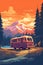 Camping caravan outdoor traveling vacation illustration. National park scene with RV traveler truck at evening. Forest