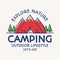 Camping card color line style tourist symbol, explore emblem