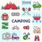 Camping card consisting of camper, mountain, backpack, bicycle for travel badge, kids camp