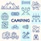 Camping card cyan line style consisting of bicycle, camper, mountain, backpack