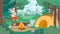 Camping cartoon forest. Tourist campground with campfire cooking pot trailer and summer landscape. Vector camp scenery
