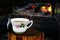 Camping Coffee at Outdoor Wilderness Campfire Log and Flames in Nature, Canada, North America