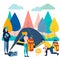 Camping. Company on vacation in nature. In minimalist style Cartoon flat raster