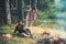 Camping concept. Thoughtful man looking at flames and drinking coffee. Guy sitting on sunny meadow. Two barefoot girls