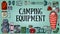 Camping equipment banner with set of tourist items